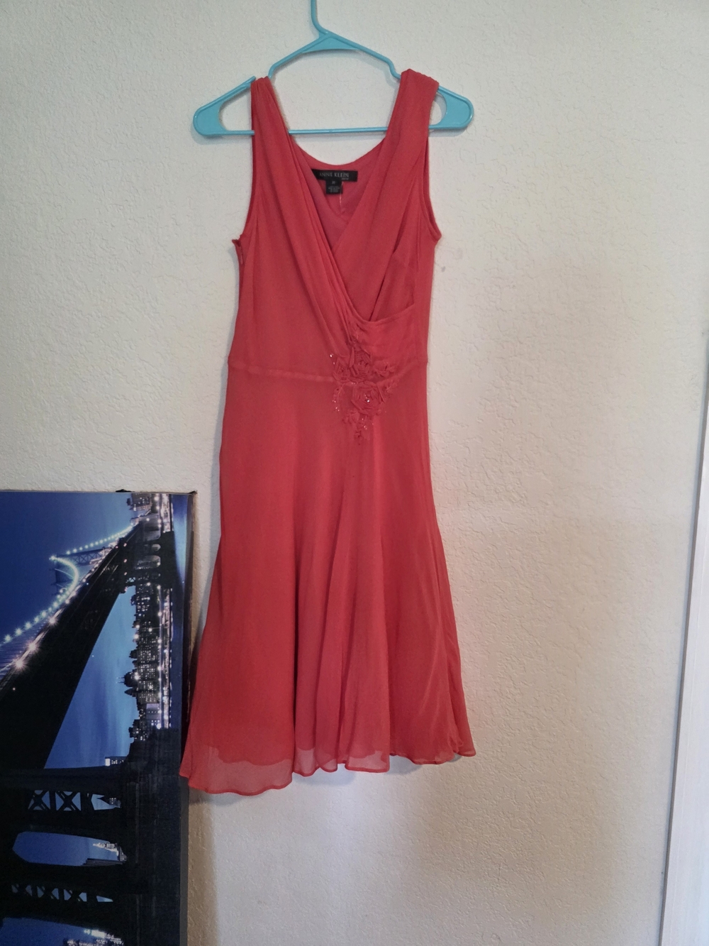 Coral Sleeveless V-Neck Fit & Flare Dress with Floral Accent
